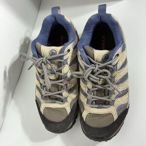 Merrell Women’s Moab Ventilator Hiking Shoes 8.5 Beige Blue Vibram Trail Outdoor